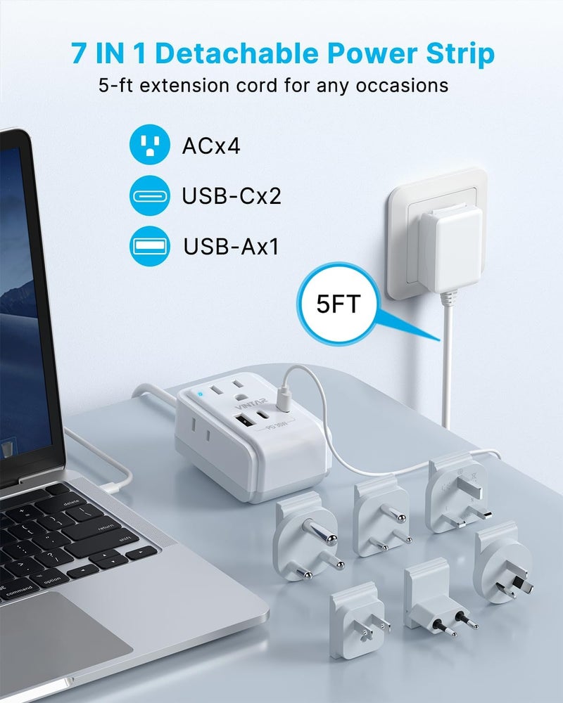 VINTAR Universal Travel Adapter Kit, 35W 5FT Detachable Extension Cord with 4 AC and 3 USB Ports(2 USB-C), Type A, C, D, G, I, M International Power Adapter for EU/India/South Africa - Image 5